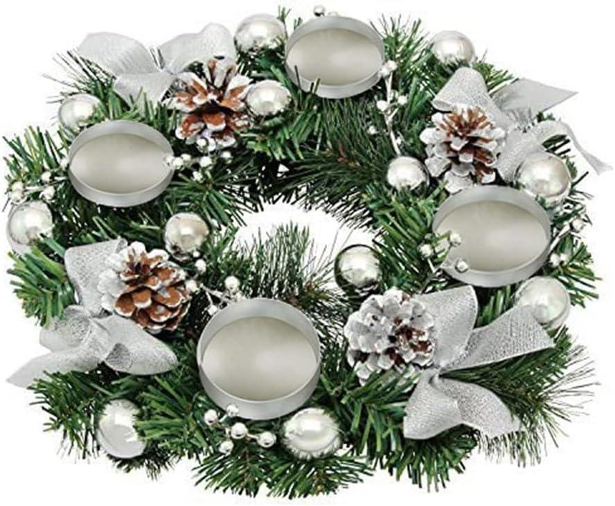 Christmas Advent Wreath 12-inch Advent Candle Holder Ring Artificial Christmas Wreath with Ribbon Pinecone for Advent Centerpiece Holiday Christmas Home Decoration NO Candles (Silver Basin Cup)