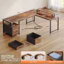 PRAISUN 63 Inch L Shaped Desk with Power Outlets and USB-C Port, Computer Corner Home Office Desk with File Fabric Drawers and Movable Monitor Stand, Larger Storage, Gaming, Writing, Rustic Brown