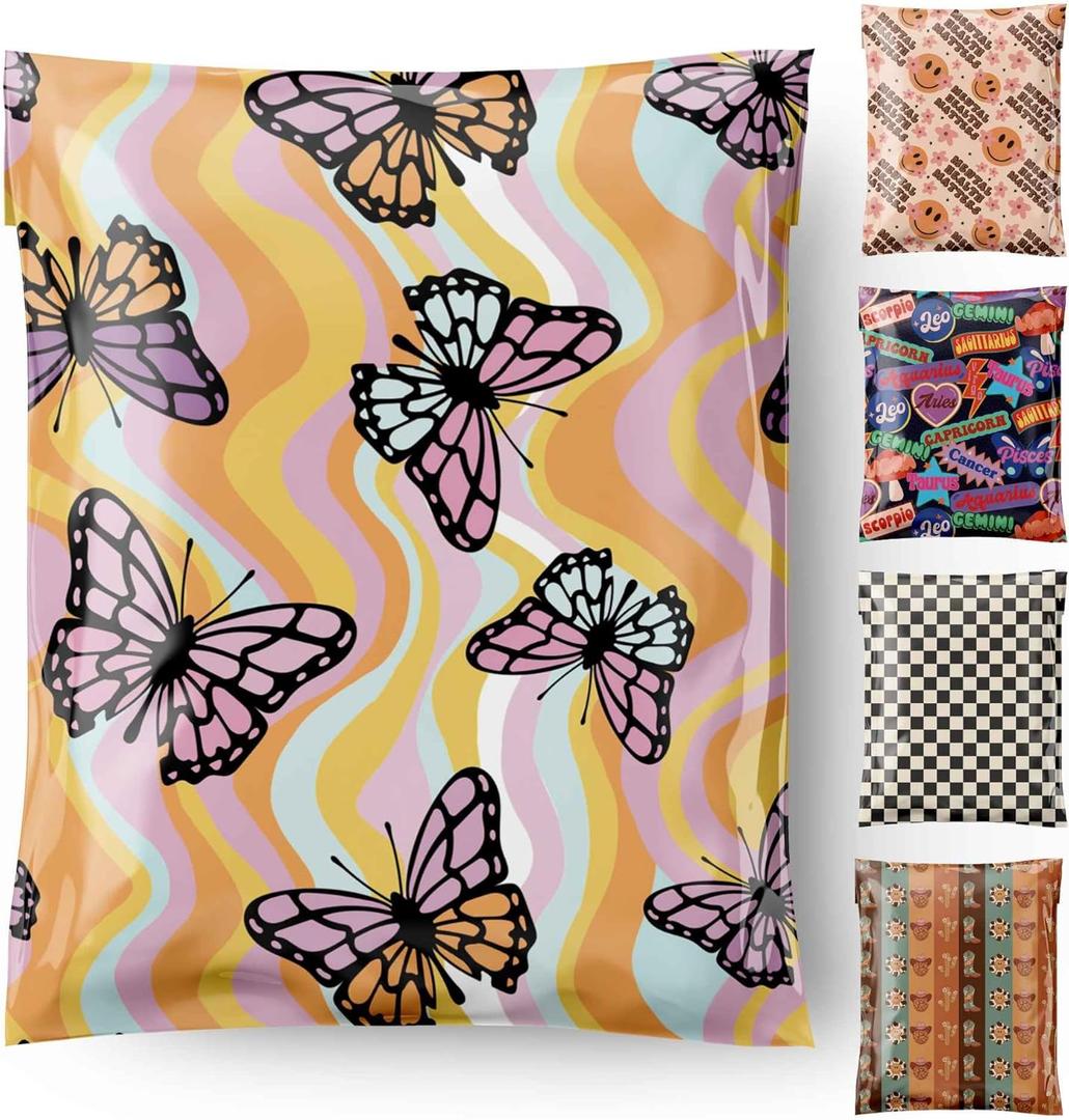 Cute-AF-Mailers Poly Mailers 10x13 inch 100 Pack Plastic Shipping Bags Mailing Envelopes Waterproof Self Seal Tamper Proof for Packaging Clothes Books T-Shirts Small Business Supplies Butterfly Groovy