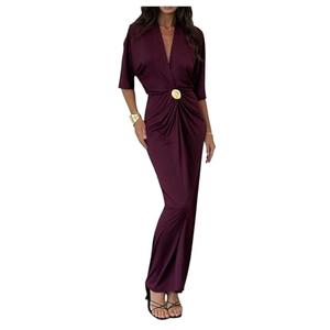 GORGLITTER Women's Metal Ruched Maxi Dress Half Sleeve V Neck Bodycon Cocktail Wedding Guest Dresses Purple X-Large