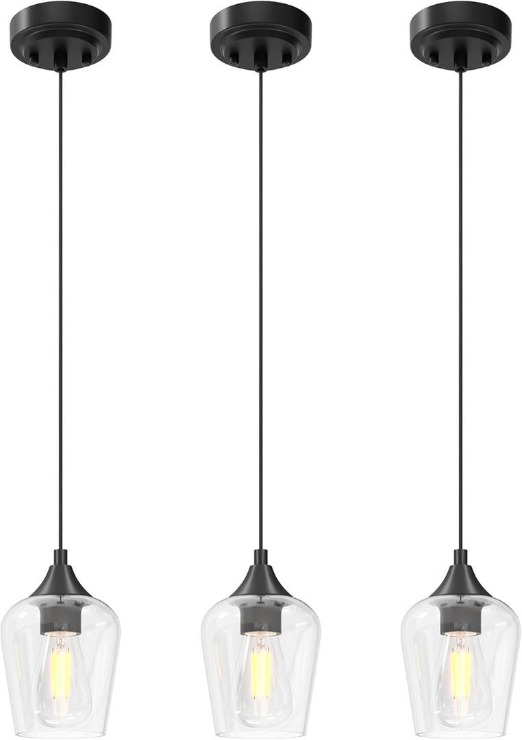 VONLUCE Pendant Lights Kitchen Island, Matte Black Pendant Light Fixtures with E26 Base & Adjustable Cable, Modern Pendant Lighting with Glass Shade for Living Room Bedroom Hallway, 3 Packs