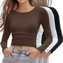 Ficerd 3 Pack Women's Crop Basic Tops, Long Sleeve Y2K Cropped Shirts Crew Neck Slim Fit T Shirts Fitted Going Out Tee (X-Large, Black, White, Coffee)