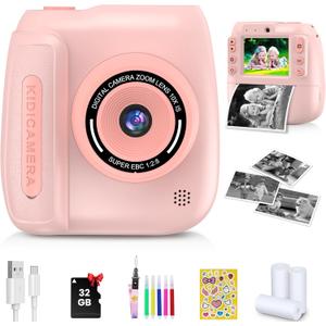 Kids Camera Instant Print, Kids Instant Camera with 1080P Videos, Christmas Birthday Gifts for Girls Boys Age 3-12, Portable Toddler Travel Digital Print Toy for 3 4 5 6 7 8 9 10 11 12 Year Old, Pink