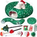 Cat Tunnel Christmas Tree Skirt, Green Christmas Tree Cat Tunnel Bed with Star and Toys, Hanging Pom Ball Plush Washable Cushion Peekaboo Playground for Small Medium Rabbit Xmas Decor