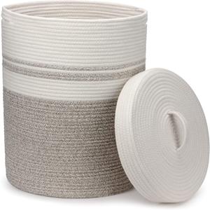 Laundry Hamper with Lid, Large Woven Laundry Basket，Blanket and Toy Storage Basket for Living Room, Bedroom, Bathroom, Nursery（Brown and White，55L）