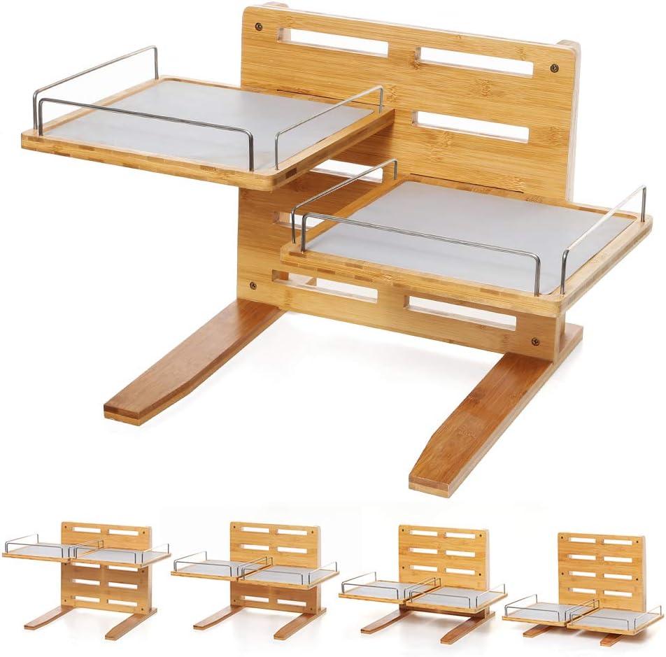 FOREYY Adjustable Raised Dog Bowls,Bamboo Elevated Feeder Stand with Non-Skid Feet for Food and Water,5 Level Wooden Pet Dining Table Comfort Feeding Station for Medium Large Big Dogs, Tan