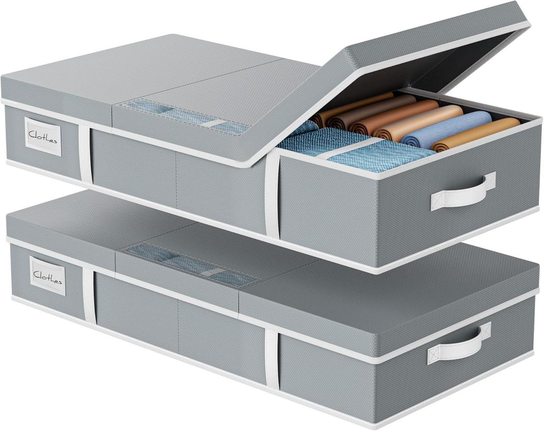 Yecaye 2 Pack Under Bed Storage Containers, Large Underbed Storage Drawers with Lid, Foldable Low Profile Stackable Bins with Clear Window & 4 Handles for Clothes, Blanket, Shoes, Grey, 31.5*15.75*6in
