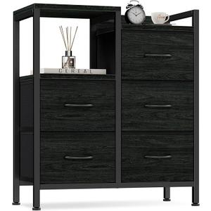 Furnulem 5 Drawer Black Dressers for Bedroom 2 Tier Shelf Storage Small Fabric Dresser for Closet Sturdy Metal Frame Modern Style Storage Cabinets Organization Units for Hallway Rooms