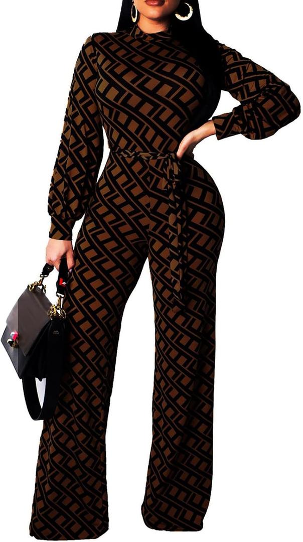 Jumpsuit for Women Sexy Elegant Long Straight Pants Cocktail Printing Jumpsuits Party Club with Zipper (3X-Large, Brown)