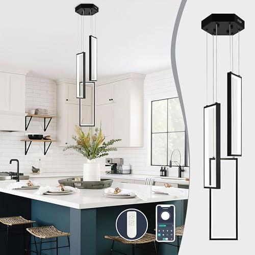 AyshwillDec Black Modern Led Chandelier Light Fixture Adjustable High Ceiling Light Fixtures Dimmable Led Pendant Lighting 3 Rings Rectangle Staircase Chandelier for Foyer Living Room Kitchen Island