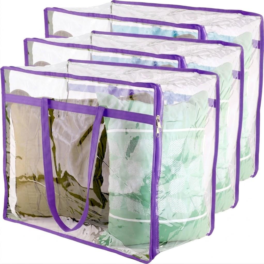Clear Vinyl Zippered Storage Bags (3Pack) 40L Sturdy Storage Bags for Sweaters, Blankets, Comforters, Bedding Sets and Much More! (Purple, 18x15x9)
