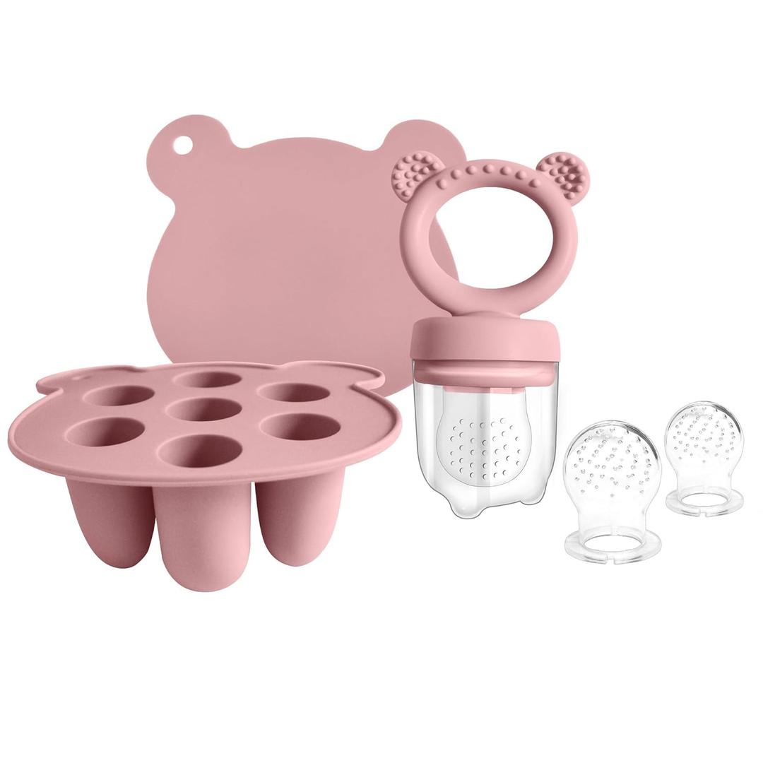 Silicone Baby Food Freezer Tray with Teething Popsicle Molds - Baby Fruit Feeder and Breastmilk Teether Combo (Pink)