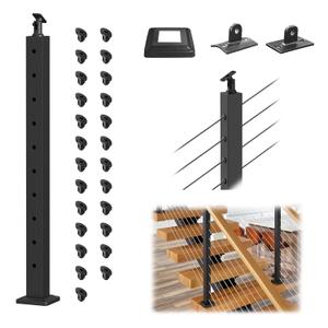 CKE Black Stair Cable Railing Post 36"x2"x2", Drilled Stair Post for 25-35 Degree Stairway Adjustable Top Stair Post with Cable Grommets, T304 Stainless Steel Deck Stair Cable Railing Angle Post