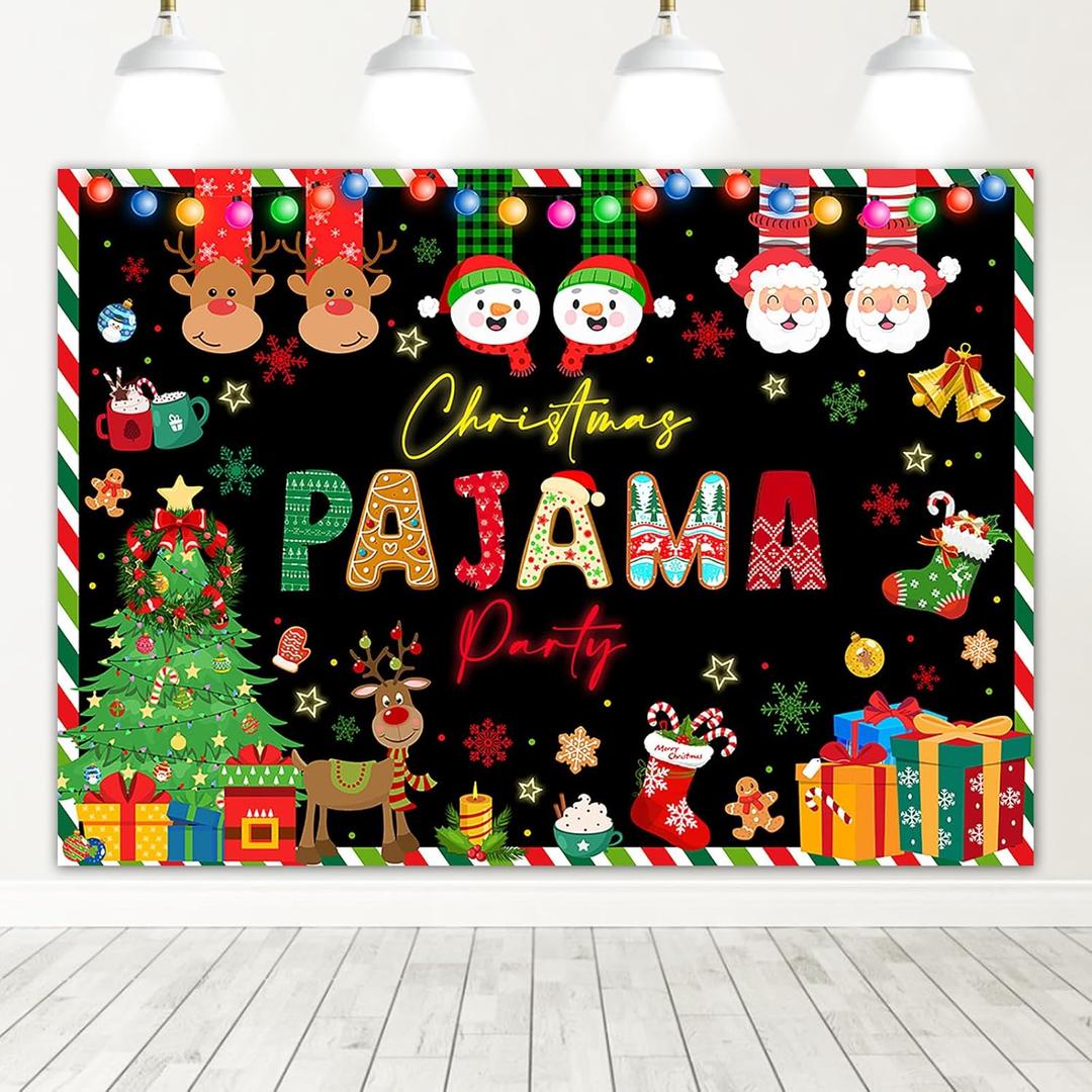 Mocsicka Christmas Pajamas Backdrop Merry Xmas Santa Slumber Ugly Sweater Photography Background Family Pajamas Party Banner Decorations Photo Booth Props (7x5ft)