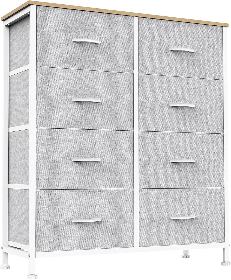 Sweetcrispy 8 Drawer Fabric Dresser for Bedroom, Tall Dresser, Light Grey | Chest of Drawers with Sturdy Steel Frame and Wooden Top, Closet Living Room Storage Organizer with Easy Pull Handles