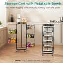 5 Tier Kitchen Fruit Vegetable Storage Cart with One-Piece Rotating Basket, Pantry Organizer Shelf Rack Floor Stand for Veggie Onion Potato Produce Spice, Rolling Snack Cart on Wheels, Black