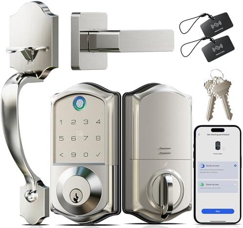 Veise VE017-H Fingerprint Smart Front Door Lock Set, App Control, Keyless Entry Deadbolt with Handle, Smart Deadbolt, Emergency Power Port, Touchscreen Keypad, Auto Lock, Easy Install, Satin Nickel