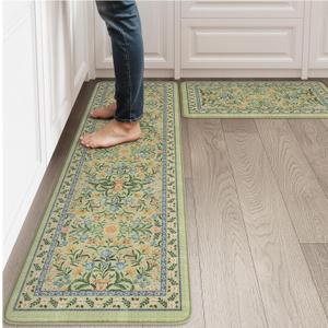 Collive Green Kitchen Mats for Floor, Cushioned Anti Fatigue Mat Non Skid Waterproof Kitchen Rugs Set of 2, Beige Vintage Comfort Standing Desk Rug for Office, Sink, Laundry, 17"x30"+17"x59"
