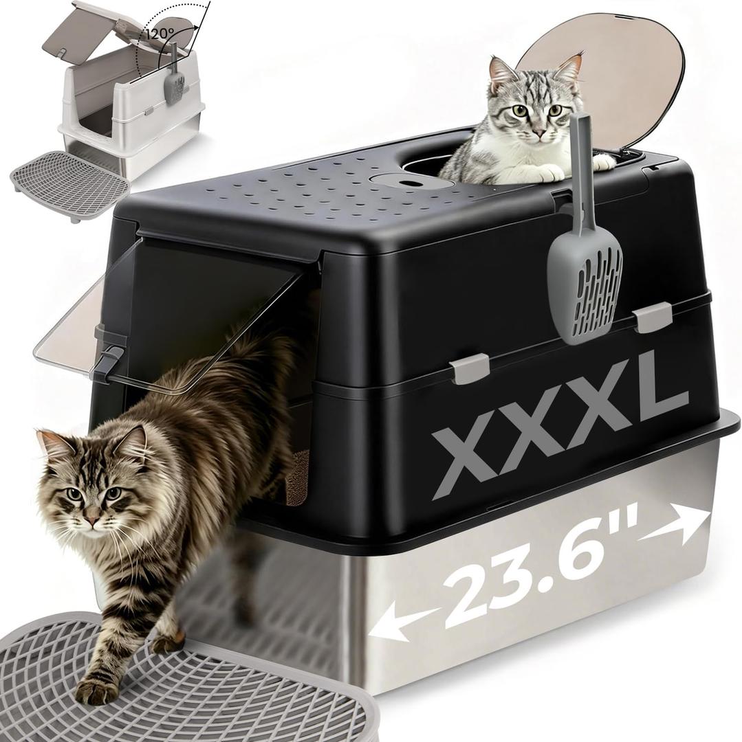Extra Large Stainless Steel Cat Litter Box with 120° Lid for Multiple Cats, Enclosed Top Entry Litter Box High-Sided Anti-Leak, Dog Proof Litter Boxes with Litter Step & Scoop