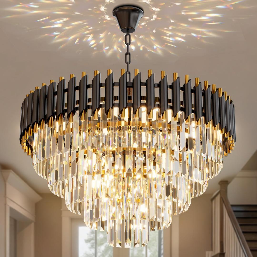 24 inch Black Gold Crystal Chandelier 5-Tier Modern Luxury Pendant Light Fixture for High Ceiling 10-Light Large K9 Crystal Lighting for Foyer Living Room Dining Room