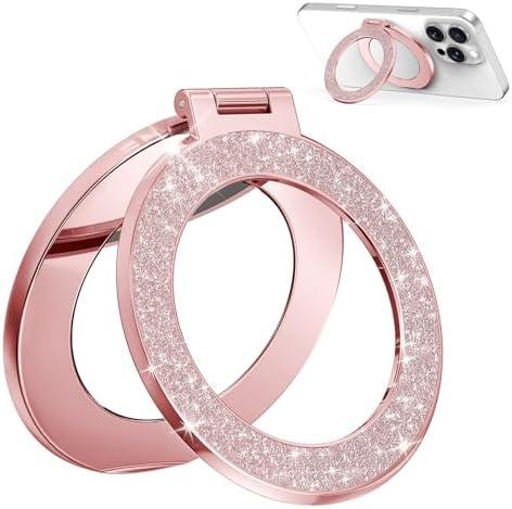 Upgraded Magnetic Phone Ring Stand Built in Mirror for Magsafe, [Electroplated & Glitter], Phone Ring Holder Grip Kickstand for iPhone 16 Pro Max 15 14 13 12 Series for Girl Women, Rose Gold