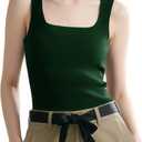 Women's Sleeveless Stretch Tank Top, Square Neck Fashion Basic Fitted Shirt for Casual Wear, Soft and Comfortable, Large, Dark Green