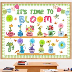 2 x Spring Bulletin Board Decorations for Classroom - It's Time to Bloom Bulletin Board Set with 3D Paper Flower Cutouts Motivational Decorations for Spring Summer School Home Chalkboard Door Wall Supply (Green)