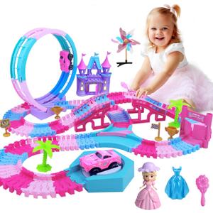 178 PCS Track Toy, Pink Racing Tracks Toys for 3 4 5 6 Year Old Girls, Flexible Tracks Car Magic Bendable Race Track Princess Toys with Light & Music for Toddlers, Kids and Girl Xmas Birthdays Gifts