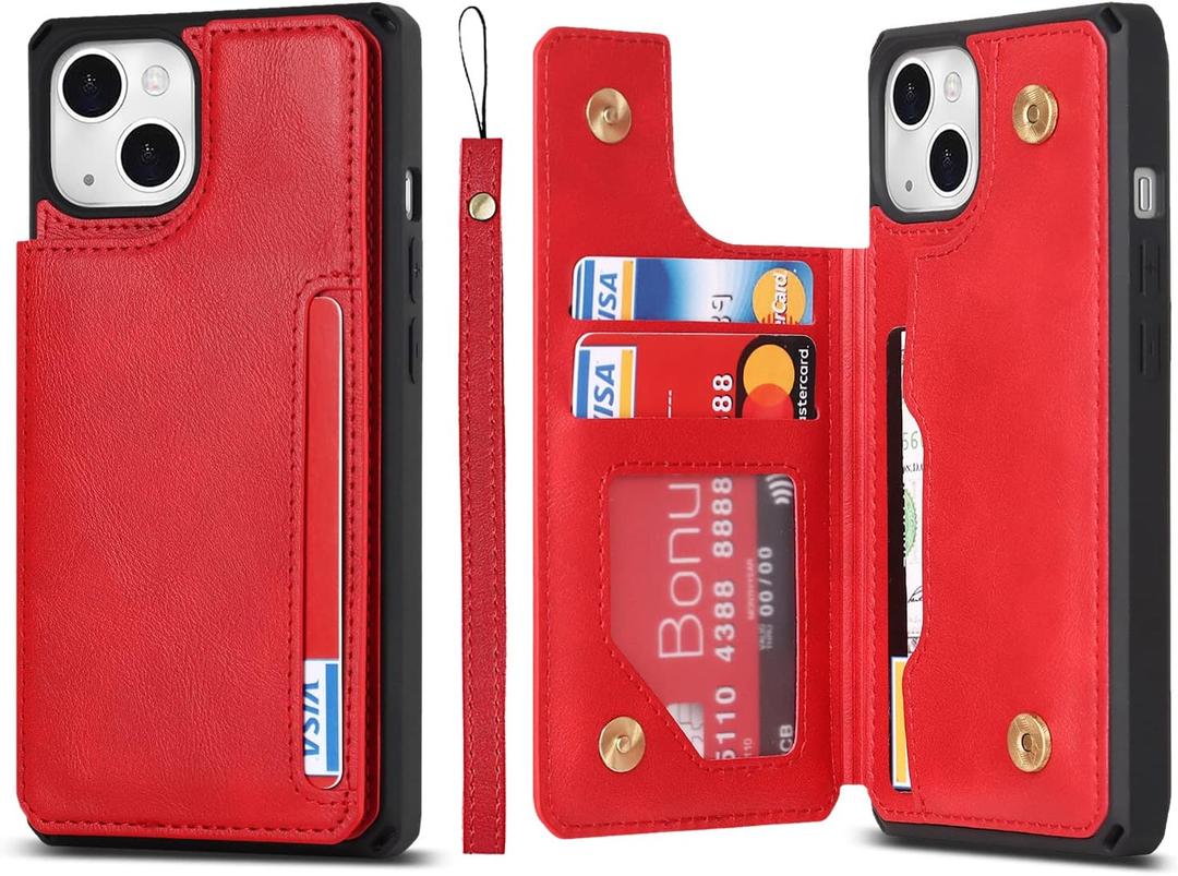Cavor for iPhone 13 Case with Card Holder,for iPhone 13 Wallet Case for Women,Phone Cases for iPhone 13 Case with Stand & Strap,Leather Shockproof Protective Cover- Red