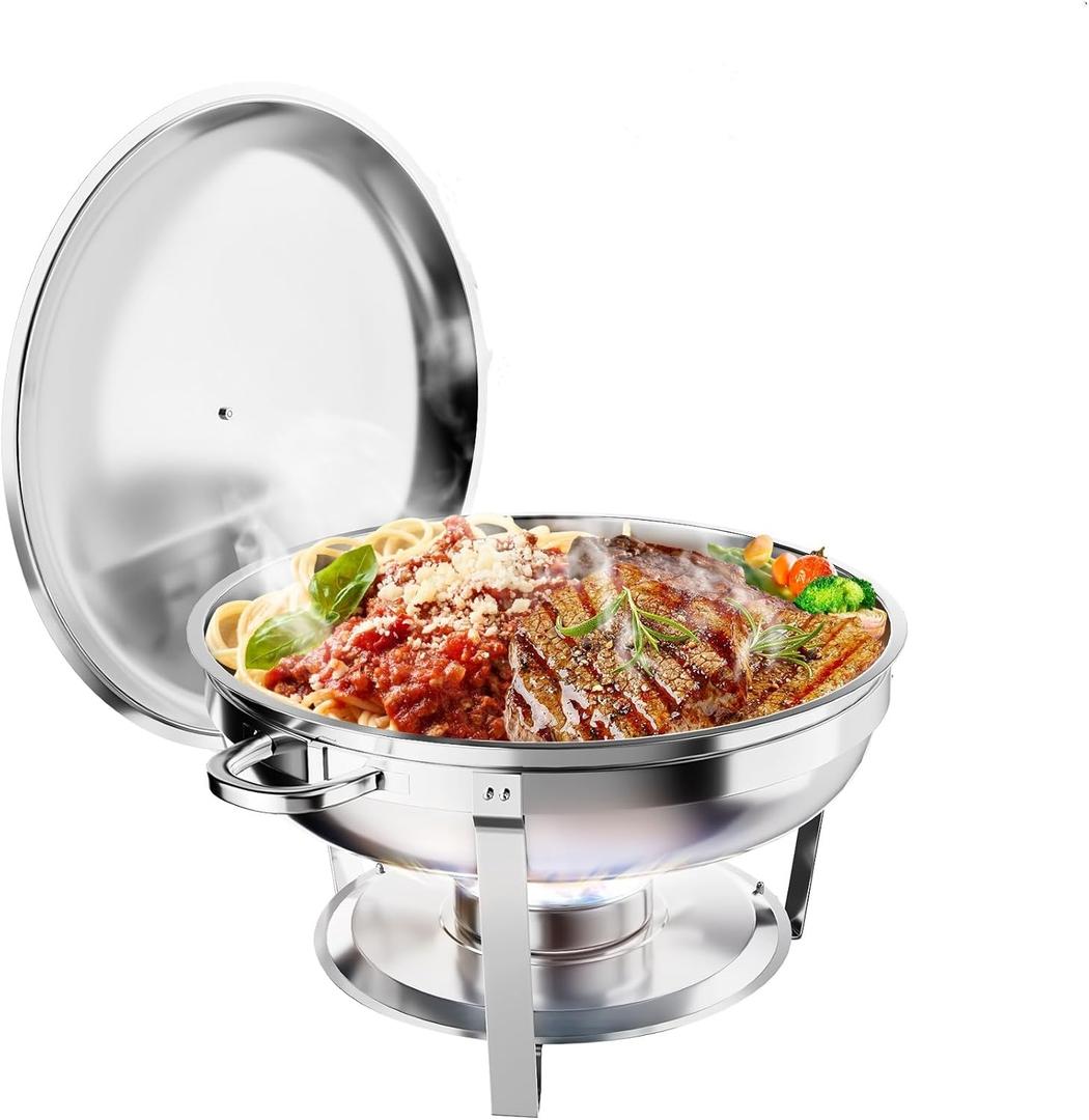 Garvee 6 QT Roll Top Chafing Dish Buffet Set, [Full Size Pan] [Stainless Steel] Round Chafing Dish Buffet Set, Roll Top Buffet Server for Parties Buffet Weddings [Each Serves at Least 5 People] (1 Pack)