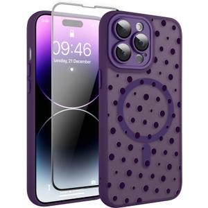 Magnetic for iPhone 14 Pro Max Case with Screen Protector [Compatible with MagSafe] Pretty Polka Dot Pattern Design, Shockproof Slim Cover for Women Girls, Dark Purple