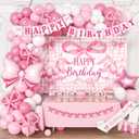 Pink Birthday Party Decorations for women, Backdrop,Pink Bow Balloons Arch,Glitter Banner,Coquette Themed Party Supplies for Girls