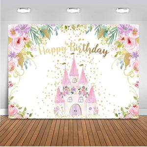 Mocsicka Pink Castle Birthday Backdrop Princess Floral Birthday Party Decorations Photo Backdrops Gold Dots Sweet Girl's Bday Photography Background (7x5ft)