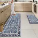 Arttown Kitchen Mats for Floor 2Pcs-Anti Fatigue Non Slip Mats for Kitchen Floor, Cushioned Waterproof & Stain-Resistant Boho Stripe Mat Set, Laundry Room, Office, Sink, Desk (Blue)