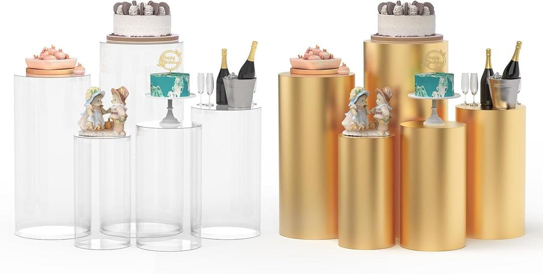 5 Pieces Clear Cylinder Stands for Party with Gold Cover, Acrylic Cylinder Pedestal Stand, Cake Pedestal Stands Sets for Display Party Wedding Birthday Baby Shower Event Decor