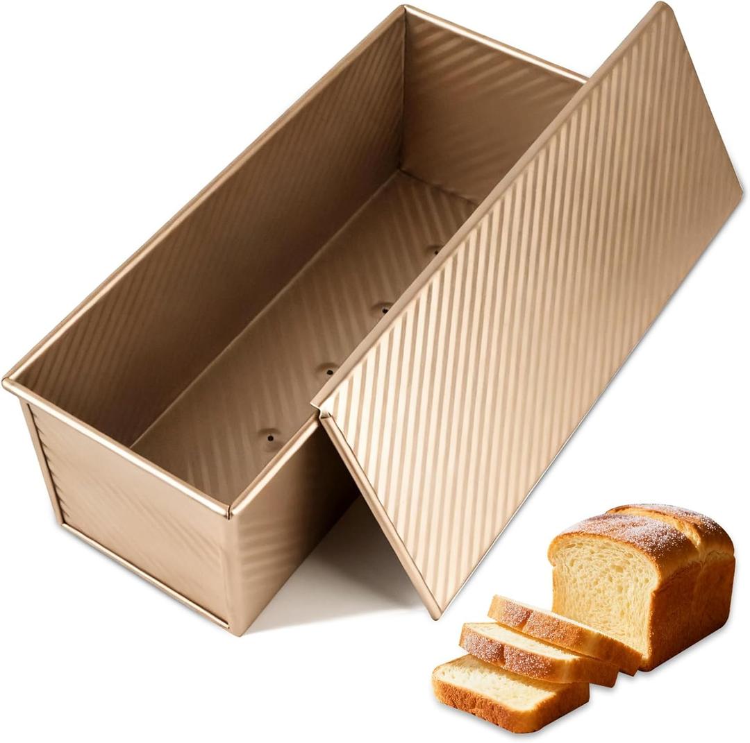 Pullman Loaf Pan with Lid 13x5 Inch, Nonstick Aluminum Steel Bread Pan for Baking, Corrugated Sandwich Toast Pan with Bottom Vent Holes, 2.2LB Gold Loaf Pan