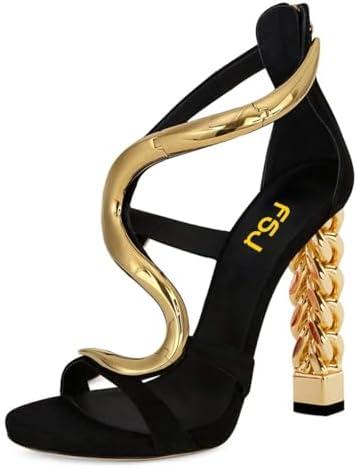 FSJ Women Flower Gold Metal Chain Chunky High Heels Ankle Strap Sandals Open Toe Fashion Summer Dressy Shoes Size 11