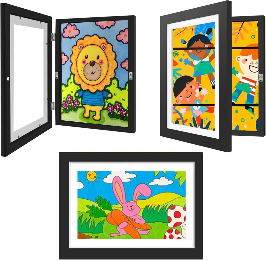 3 Pack Kids Artwork Frames 10x12.5 Inch Changeable Kids Art Frame with Front Opening for Art Display, Horizontally Vertically Wall Mount for Kids Drawing & School Projects (Black)