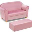 INFANS Kids Sofa with Ottoman, 2 Seat Toddler Upholstered Couch, Children Armrest Chair Lounge for Nursery Kindergarten Kids Room Boys Girls, Sturdy Wood Construction Velvet Surface (Pink, 2 Seats)