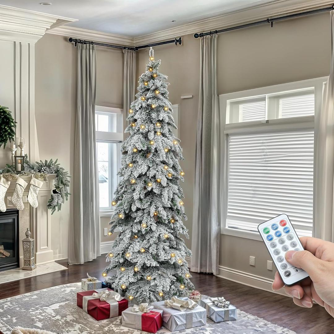 YITAHOME Pre-Lit Flocked Drooping Pencil Spruce Christmas Tree with Pine Cone, 7.5ft Natural Layered Spruce Christmas Tree w/Remote Control, 800 Branch Tips and 350 Lights for Home, Office Decoration YITAHOME Pre-Lit Flocked Drooping Pencil Spruce Christmas Tree with Pine Cone, 7.5ft Natural Layered Spruce Christmas Tree w/Remote Control, 800 Branch Tips and 350 Lights for Home, Office Decoration