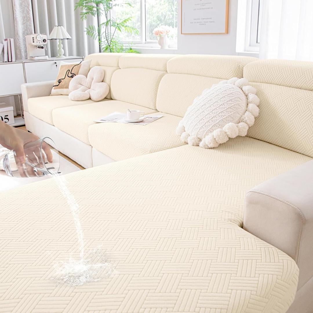 hyha Waterproof Couch Cushion Covers, Stretch Magic Sofa Seat Slipcover, Waterproof Sectional Couch/Sofa Cushion Covers for Pets Washable with Elastic Bottom (3PC, Beige)