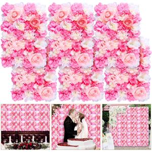 Tigeen Flower Wall Panels 3D Silk Rose Floral Decorative Faux Flower Wall Background for Wedding Home Decoration Background Shop Party Photo Arrangement(Pink, White,12 x 16 Inch)