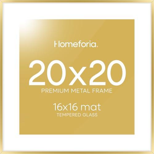 Homeforia 20x20 Picture Frame Gold, High End Metal 20 x 20 Square Poster Frame with Mat 16 x 16 Photo, 20x20 Frame Matted to 16x16 Print, 20by20 Gold Hanging Frames, Tempered Glass, Wall Kit, Set of 1