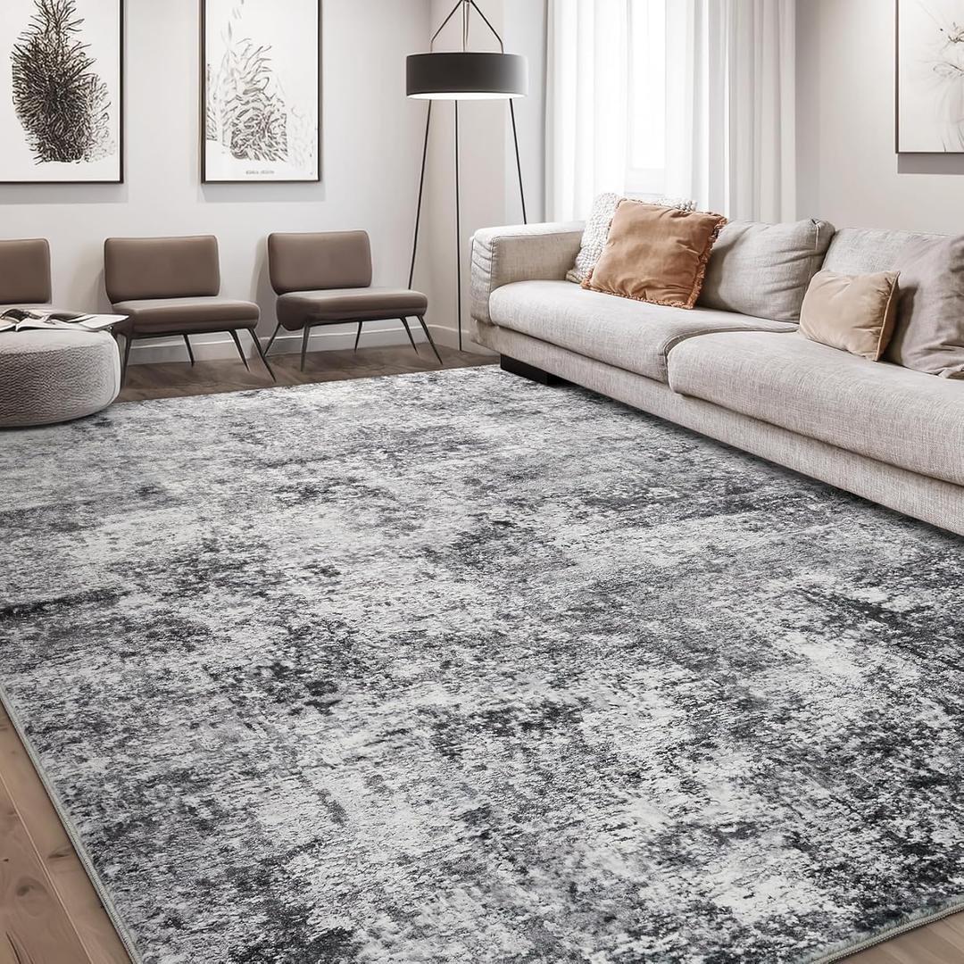Area Rug Living Room Rugs - 10x12 Washable Large Soft Indoor Neutral Modern Abstract Low Pile Rug Carpet for Bedroom Dining Room Farmhouse Home Office - Grey