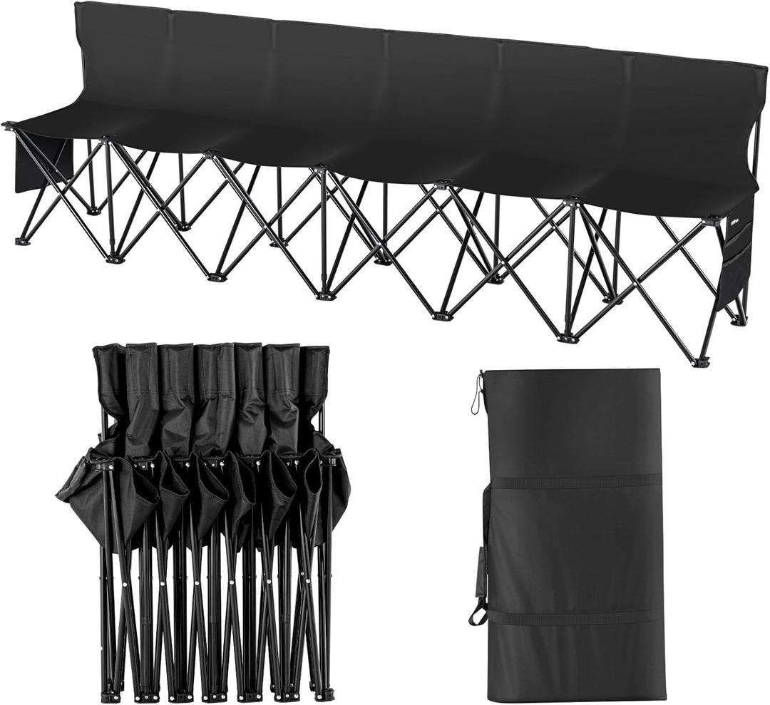 VEVOR Portable Folding B ench, 6 Seats Foldable Sideline B ench, Outdoor Camping Bench Chair with Carry Bag & Backrest, Team Sport Sideline B ench, No Assembly Instant Seating, Black