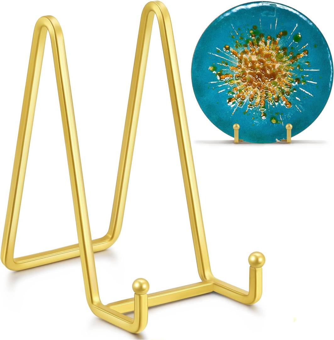 6 Inch Metal Square Wire Plate Stands for Display - Gold 2 Pack Holder Stand + Picture Frame Easel for Book, Decorative Plaque, Photo, Platter