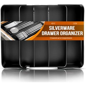 Silverware Organizer, Adjustable & Expandable Utensil Tray for Kitchen Cutlery Storage, Spoons Forks Knives Holder Storage Dividers, Multipurpose Silverware Drawer Organizer for Dining Table - Black