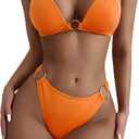 SweatyRocks Women's Ring Linked Halter Push Up Bikini Swimsuit High Stretch Bathing Suit Swimwear Set Swimming Suit Two Piece (Large, Orange)