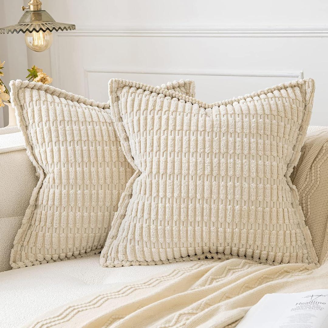 MIULEE Cream White Corduroy Decorative Throw Pillow Covers Pack of 2 Soft Striped Pillows Pillowcases with Broad Edge Modern Winter Cute Boho Home Decor for Couch Sofa Bed 18x18 Inch
