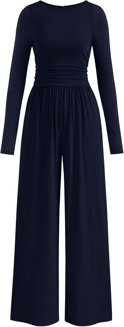 PRETTYGARDEN One Piece Jumpsuits for Women Dressy Casual Long Sleeve Crewneck Wide Leg Romper Overalls Spring Outfits 2026